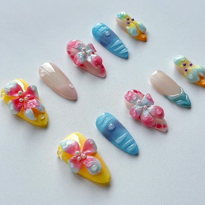 Luxury Press on Nails Medium Almond Handmade 3D Unique Reusable ABS Material Fake Nails French Tip False Nails with Designs Water Drop Flower Summer Glossy Glue on Nail Thick Acrylic Nail(M)