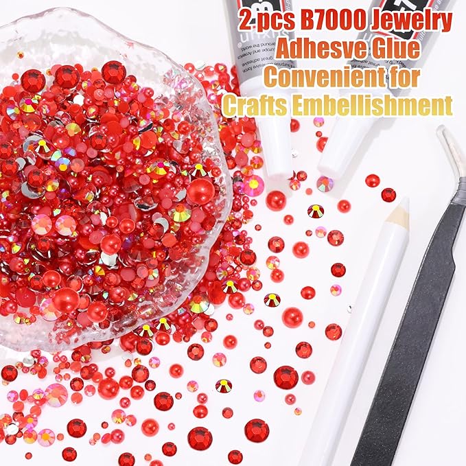 RODAKY Red Rhinestone Resin Flatback Gems AB Jelly Rhinestones for Bedazling Valentine's Day Crafting 2Pcs 10ml B7000 Jewelry Glues Tweezers Dotting Pen Clothing Shoes Nail Art