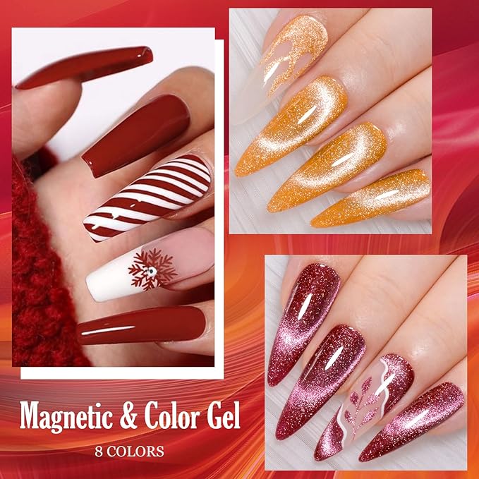 MEET ACROSS 8pcs Gel Nail Polish Set, Soak off UV LED Lamp Gel Nail Polish Cat Eye Set Home Gel Manicure Kit 7ml (Cat Eye + color Gel-2)