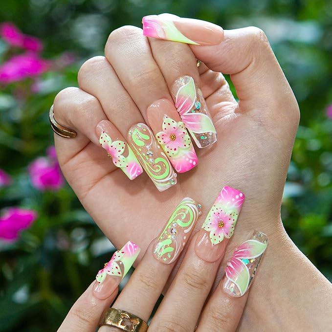 LOVFUL Short French Tip Press on Nails Flower Child | Handmade Acrylic Press ons | Reusable Fake False Nails | Square Classic Regular 1.3in | H607-M