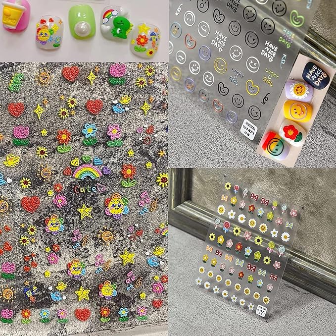 New Sunflower Nail Art Stickers Decals Candy Color Cartoon Sun Flower Colorful Flower Embroidery Self-Adhesive Nail Stickers Cute Nail Stickers Nail Art Decoration (3 Pieces)