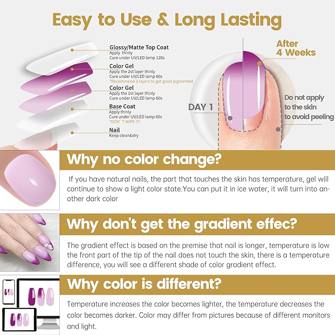 YTD Likomey Color Changing Gel Nail Polish,15ml Nude Pink To Plum Grape Purple Mood Temperature Change Colors Ombre Thermal Salon Home Fall Winter Manicure UV Nails Varnish,WB12