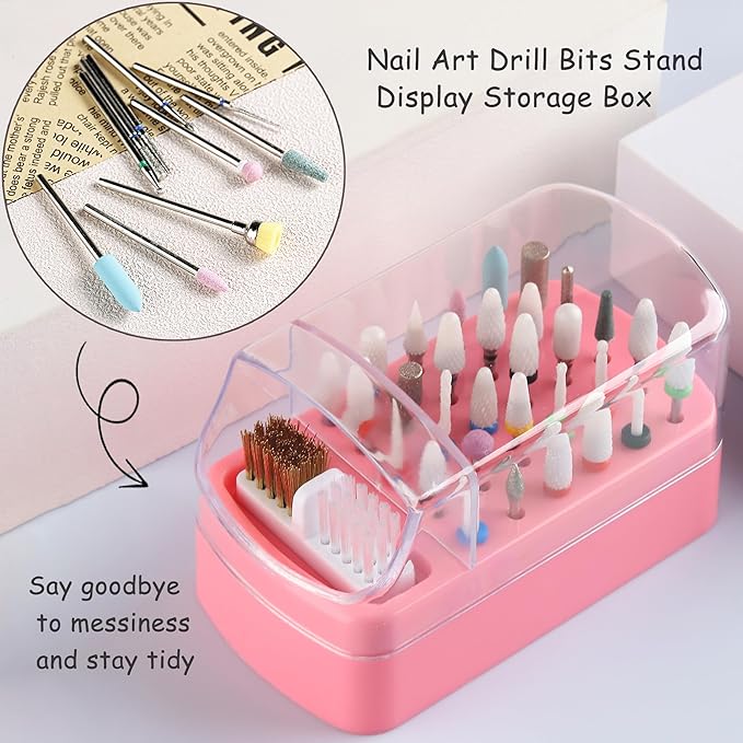 Nail Bit Holder & Nail Drill Bit Cleaner 2 in 1, 30 Holes Nail Drill Holder Organizer Nail Bit Brush Cleaner Drill Bit Holder for Nails Dustproof Stand Displayer Storage Box Tools