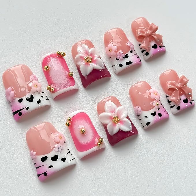 Luxury Press on Nails Short Duck Handmade 3D Unique Reusable ABS Material Fake Nails Pink French Tip False Nails with Designs Bow Flower Cow Print Glossy Glue on Nail Thick Acrylic Nail(S)