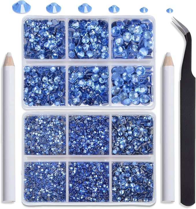 NCB Hotfix Iron on 8000pcs Crystal Rhinestones Round Gem for Crafts Decoration DIY Jewelry Making with a Tweezers and 2 Picking pens (Lt. Sapphire, 6Sizes SS4-SS30)