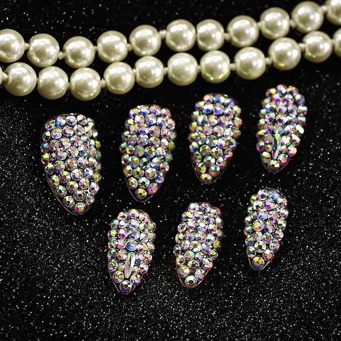Coolnail Shiny 3D Crystal Rhinestones Press on Nails, Medium Stiletto Holo Diamonds Handmade Tips Kit, Jewelry Gems Full Cover Fake Glue Stick on, Luxe for Party Women & Girl