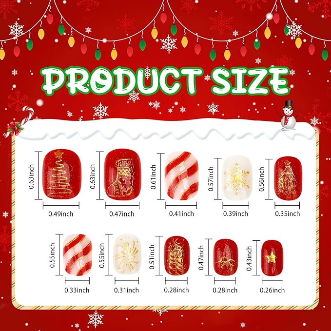 JANYUN 96 Pcs Christmas Fake Nails,Gilded Design Press on Nails for Pre-glue Full Cover Short False Nails Christmas Birthday Gift