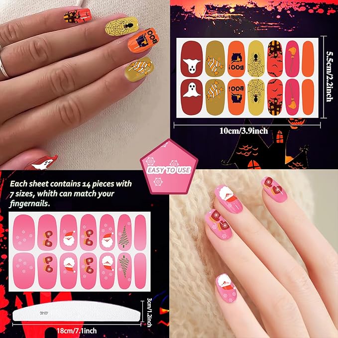 JERCLITY 16 Sheets Halloween Christmas Nail Polish Strips Nail Wraps Bat Spider Jack-o'-Lantern Snowflake Santa Claus Christmas Tree Nail Stickers for Women Holiday Manicure