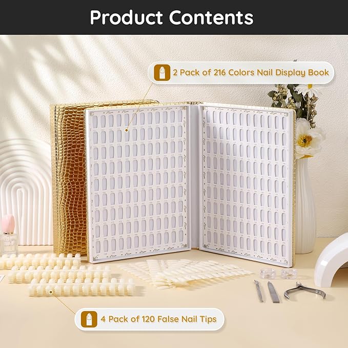 Segbeauty 2 Pack 216 Colors Nail Display Book, Nail Gel Polish Display Chart with 480 False Nails Tips, Professional Nails Color Swatches Book with Golden PU Leather Cover for Salon DIY Art