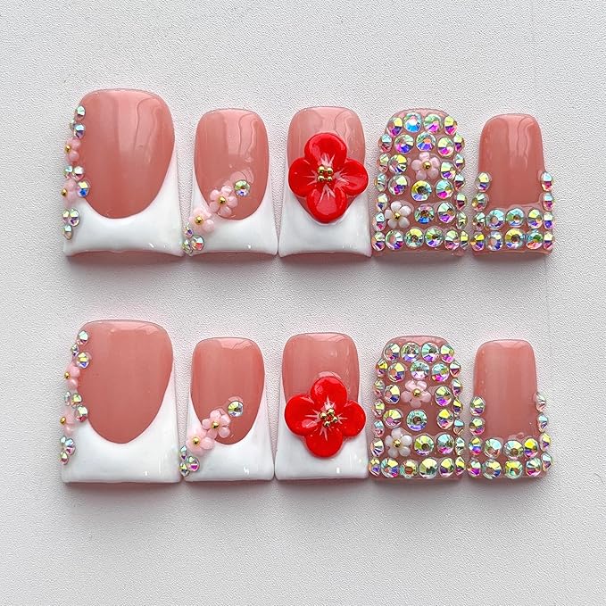 French Tip Press on Nails Handmade Short Duck 3D Flower Thick Acrylic Nails Elegant False Nails with Rhinestones Red Floral Designs White Glossy Fake Nail White Sturdy Art Press on Nail 10Pcs(M)