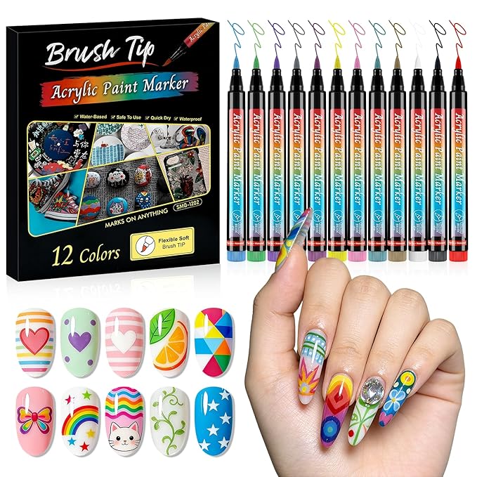 JODSONE 12 Colors Nail Art Pens Set,Acrylic Paint Nail Art Markers Polish Pen for 3D Nail Art, Drawing Painting Liner Brush for DIY Nail Art Beauty Adorn Manicure Tools (12 colors,1-6mm soft pen tip)