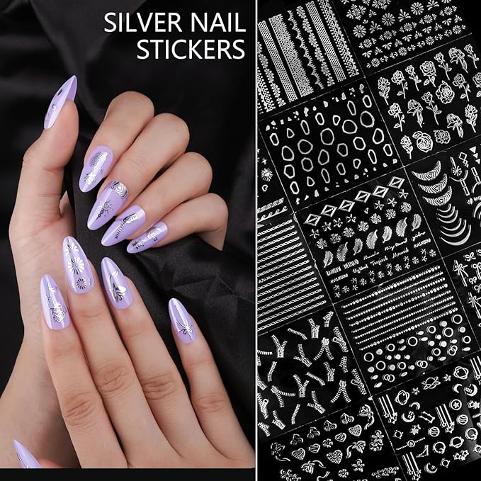 Teentior Nail Charms and Gems Silver Rhinestones for Nails with 15 Sheets Nail Stickers, 6 Boxes Nail Gems Y2K Accessories Pearls for Nails, Cross Nail Charms for Nails Design Caviar Beads for Nails