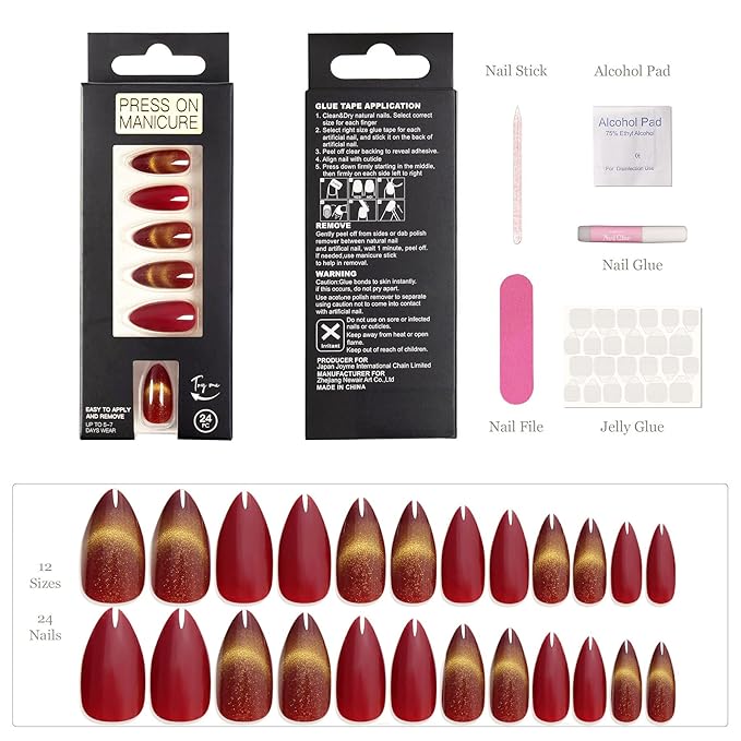 Press On Nails Cat Eye- Hot Red Almond Glitter Static Acrylic Fake Nails, Reusable Manicure for Glam Party Style, 24 Nails in 12 Sizes with Glue, Tabs, File, Prep Pad, Manicure Stick