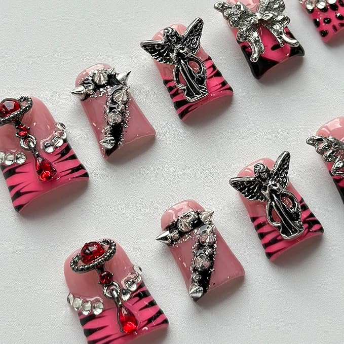Luxury Press on Nails Short Duck Handmade 3D Unique Reusable ABS Material Fake Nails Pink French Tip False Nails with Designs Butterfly Rhinestones Rivet Glossy Glue on Nail Thick Acrylic Nail(S)