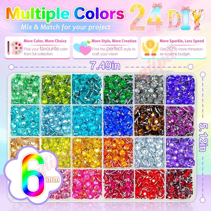 24 Color 6mm Crystal Resin Rhinestones for Bedazzling Crafting SS30 Flatback Stones Colorful Gems Diamonds Charms for Nails Eyes Face Makeup Tumblers Bottles DIY Crafts Clothes Shoes Phones