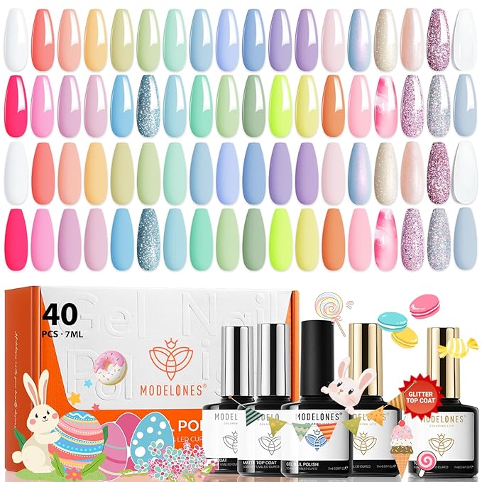 modelones 40Pcs Gel Nail Polish Set, 36 Colors 2026 Easter Spring Pastel White Pink Light Yellow Blooming Glitter Gel Polish Kit with 4PCS Glitter Matte Glossy Top Base Coat LED Nail Art DIY Gift
