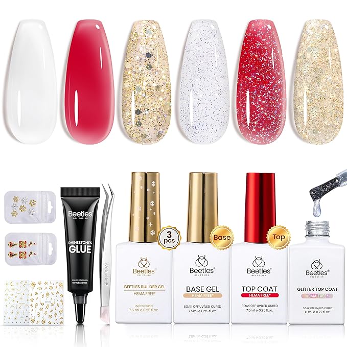 Beetles HEMA Free Builder Nail Gel Kit-Enchanted Night Thickening Strengthening Building Apex for Sensitive Nails Beginner DIY Salon at Home White Red Builder Gels with Base&Top Coat UV & LED Cured