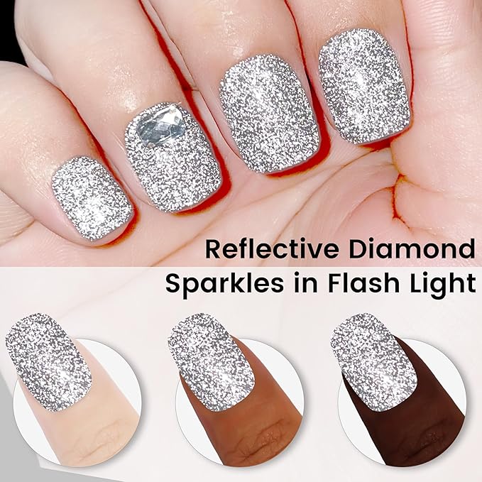 YTD Likomey Reflective Glitter Gel Nail Polish,15ml Silver Flash Diamond Shimmer Nails Gel,Sparkly Shiny Salon Home Fall Winter Manicure UV Color Varnish,SZ003