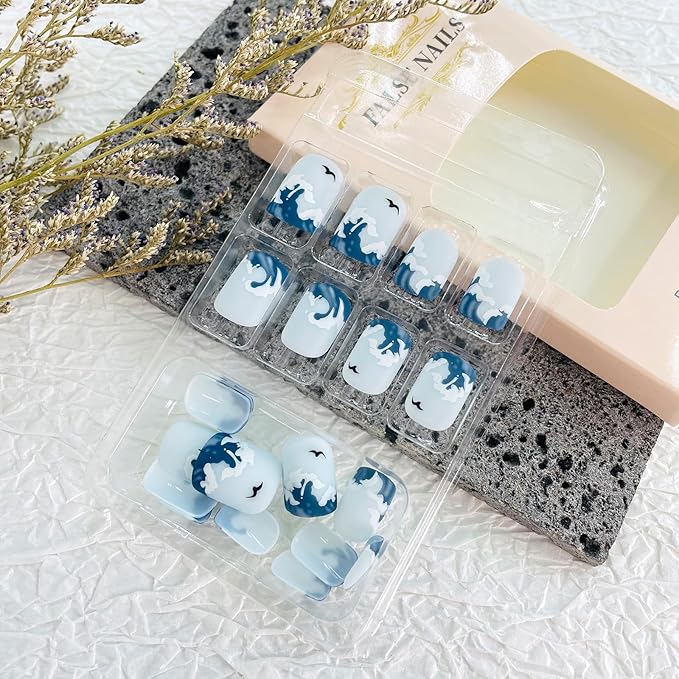 French Tip Square Acrylic Press-On Nails, 24Pcs, Blue, Waves Pattern, Matte Finish