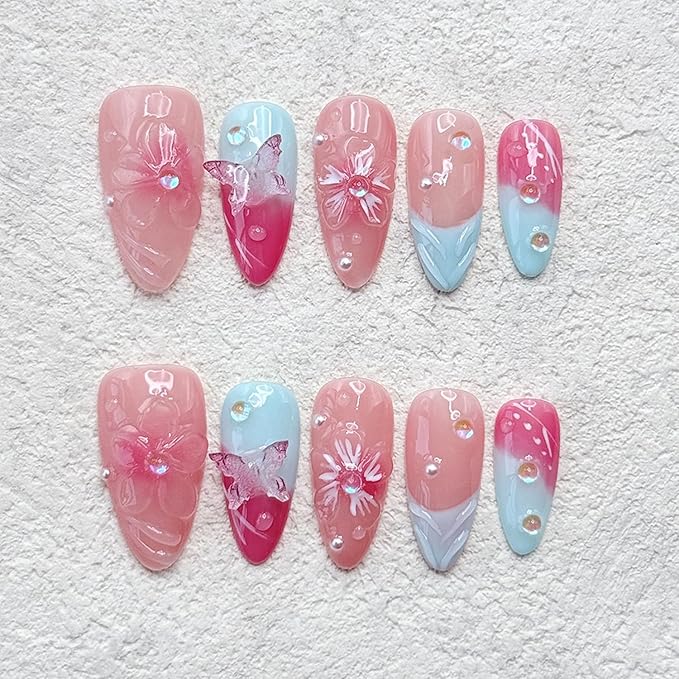 Blue French Press on Nails Handmade Medium Almond Nails with Glue,Nude Fake Nails with 5D Flower Art ＆ Butterfly Charm Design Muti-Layer Gel Handmade Nail Nature False Nails for Wome (Size S)