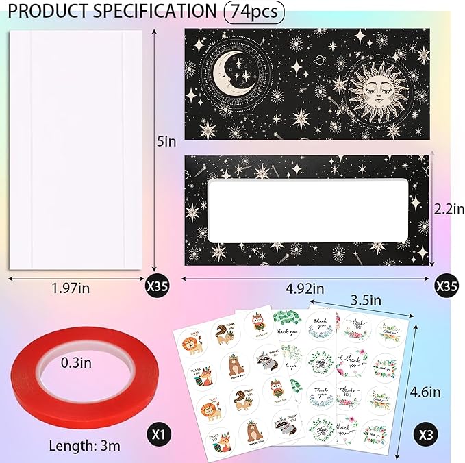 74PCS Press on Nails Packaging Box Set Includes 35PCS Empty Nail Package Box 35PCS White Background Paper 1 Double Sided Tape and 3 Thank You Stickers for Press on Nail Business (Black Sun and Moon)