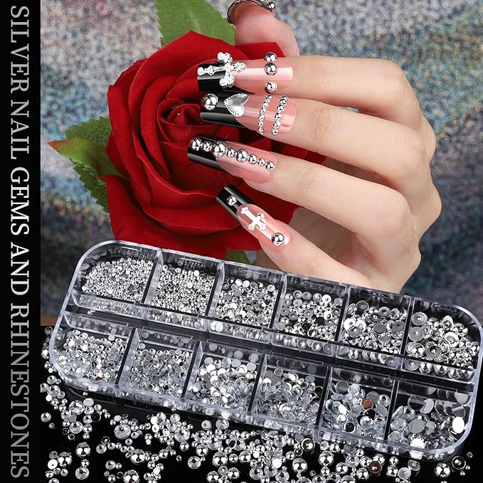 Teenitor Silver Nail Charms and Gems Kit, 4 Boxes Nail Gems Silver Rhinestones for Nails, 3D Y2K Accessories Nail Decor, Cross Charms for Nails Design Star, Caviar Beads for Nails Art