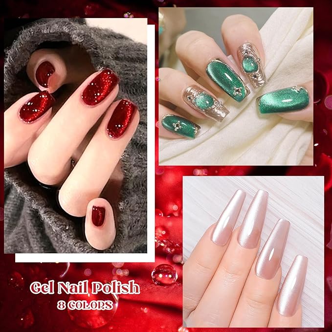 MEET ACROSS 8 Colors Magnetic Gel Nail Polish Kit With Magnetic Stick, All Season Colors Cat Eye Gel Polish, Long-Lasting Cat Eye Nail Gel for Salon Home Nail Art Manicure