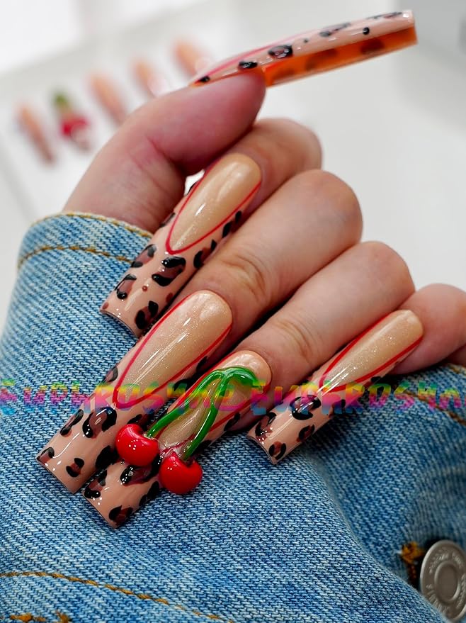 Cherry and Leopard Print Press On Nails – 10PCS Long Coffin Fake Nails with Red French Tips & 3D Fruit Charms, Reusable Glossy Summer Nails for Women and Girls – Euphrosyne