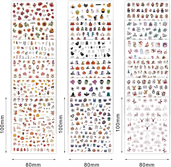 Whaline 18 Sheets Fall Nail Art Stickers Thanksgiving Maple Leaves Pumpkin Nail Stickers Christmas Snowflake Snowman Santa Claus Autumn Self-Adhesive Nail Decals for DIY Manicure Party Decor