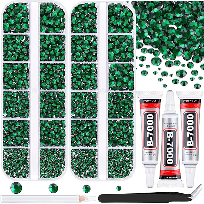12100Pcs Resin Rhinestones for Crafting with 3Pcs 10ml B7000 Jewelry Glue, 2 Boxes Flatback Crystals Diomand (Emerald Green) for Bedazzling Crafts DIY Nail Art，Non Hotfix Gems for Clothing Shoes