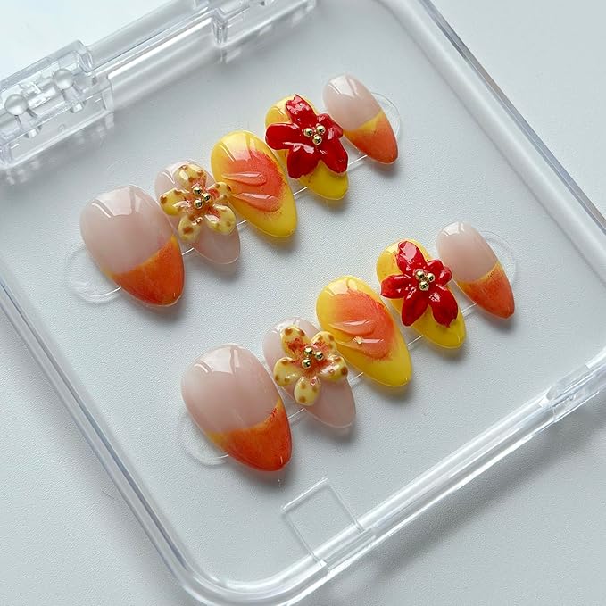 Luxury Press on Nails Short Almond Handmade 3D Unique Reusable ABS Material Fake Nails French Tip False Nails with Designs Flower Yellow&Pink Glossy Glue on Nail Thick Acrylic Nail(S)