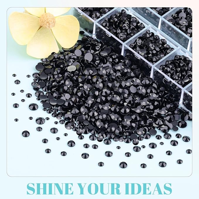 12100Pcs Black Rhinestones for Crafting with 3Pcs 10ml B7000 Jewelry Glue, 2 Boxes Flatback Black Gems Resin Crystals Diamond for Bedazzling Crafts DIY Nail Art Makeup, Gems for Clothing Shoes