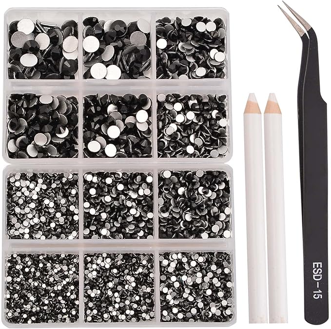NCB 8000pcs Non Hotfix Rhinestones 10 Sizes Flatback Crystal Glass Rhinestones with Tweezers and Picking Pen for Nail Art Clothes Bags Phone Decorations Crafts DIY (002 Black Mix SS3-SS30)