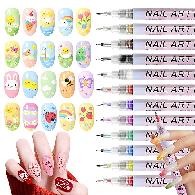 Nail Art Pens Set, 12 Color 0.5 MM Nail Art Markers Nail Polish Pens Drawing Painting Point Liner Painted Kit, Waterproof and Quick-drying Nail for DIY Design Manicure Tools