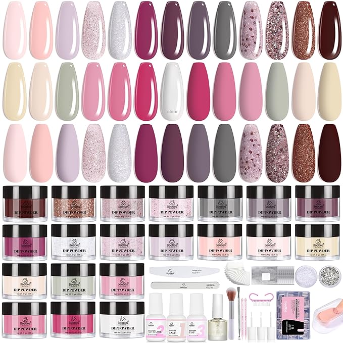 Beetles Dip Powder Nail Kit Starter, 40pcs 20 Colors Acrylic Dip-Manicure-Powders Includes Dipping Powder, Liquid Set, Nail Tools, Rhinestones, Beads for Nail Art Lightflow Diary Collection