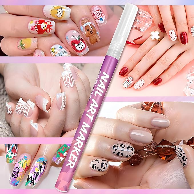 Nail Art Marker Pens, 12 Colors Fine Tip 0.5mm Nail Art Marker Pens for Detailing, Line Drawing & Dotting, DIY Nail Design Kit for Salon & Home Manicure