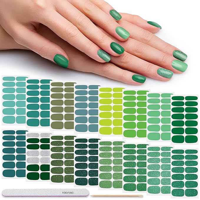 DANNEASY 16 Sheets Green Nail Polish Strips Nail Wraps for Women St. Patrick's Day Gel Nail Strips Self Adhesive Nail Polish Stickers Glitter Manicure Sticker with 1pc Nail File, Cuticle Stick
