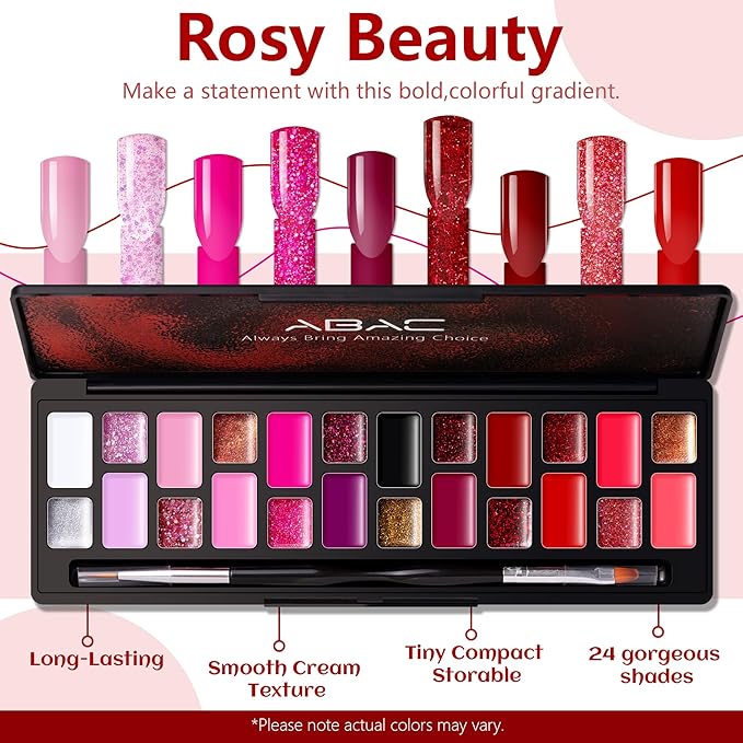 ABAC 24 Color Solid Gel Nail Polish,Ombre Gel Nail Polish,Pat Paint Nail Gel - Rose Gold Glitter & Wine Red Shades w/Pro Brush | No-Spill,Hema-Free for Date Nights,Holiday Gifts & Home Manicure