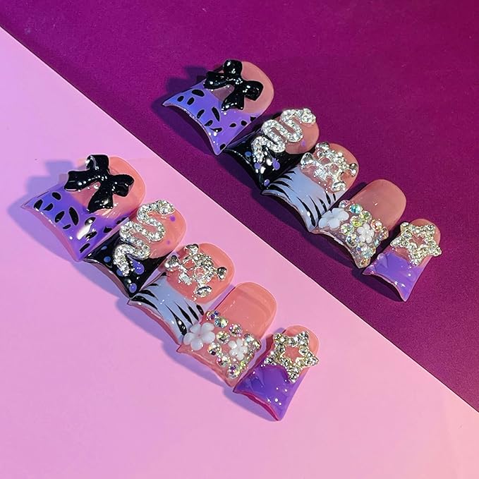 10 Pieces Luxury Acrylic Y2K Press On Nails Short Handmade Duck Nails, Black Bow Tie, Skull And Snake Rhinestones decoration, Orange Thickened False Nails, Reusable Acrylic Nails (L)