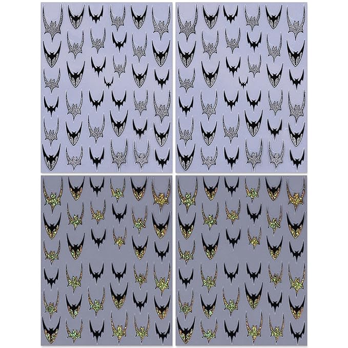 Halloween Bat Nail Stickers, Glitter Golden & Silver French Smile Bat Self-Adhesive Nail Art Decals for DIY Manicure (4 Sheets)