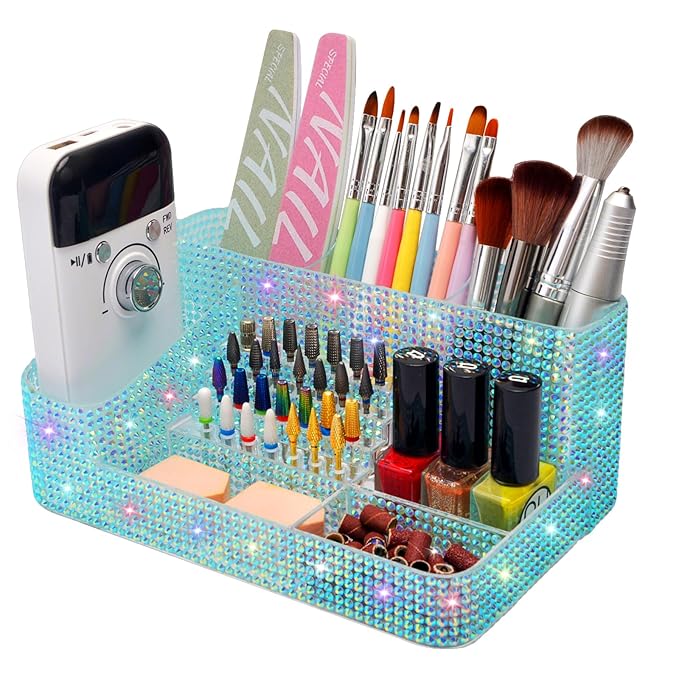 ANRUI Nail Drill Bit Holder, 28 Holes Plastic Nail Drill Machine & Bits Storage Case, Professional Nail Desk Organizer for Manicure Tools Gift for Women and Girls- Diamond Blue