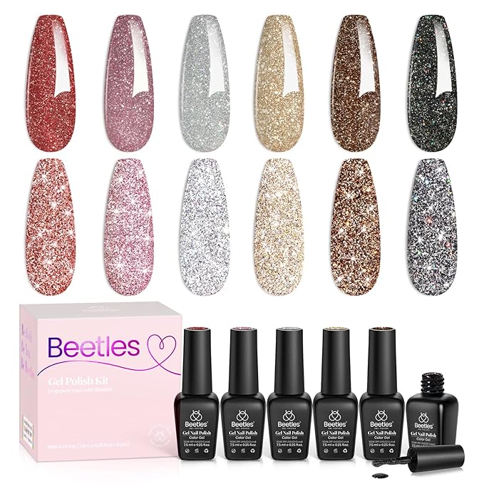 Beetles Glitter Gel Nail Polish, 6 Colors Holographic Sparkle Glitter Gel Polish Flash Diamond Sliver Gold Red Black UV LED Soak Off Manicure Gift for Women