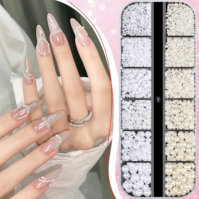 2100Pcs Flatback Nail Pearls Gems, 1.5-5mm White Beige Beads Half Round Nail Charms Beads with Pickup Pencil and Tweezers for Crafting Face Hair Manicure (11-K1-half-pearls-beige-white)