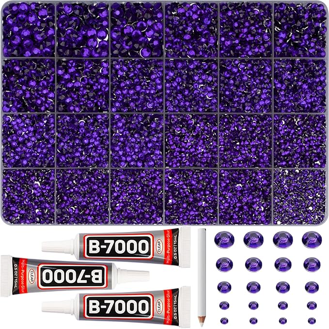 31000Pcs Purple Resin Rhinestones for Bedazzling, Flatback Gems Dark Purple Bedazzle Gemstones Stones, Flat Back Jewels Diamond Crystals Kit for Shoes Crafting Clothes 2-6mm Different Sizes b7000 Glue