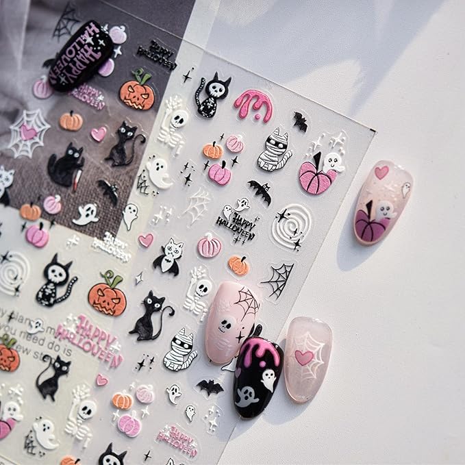 Halloween Nail Stickers 5D Embossed Ghost Nail Supplies 3D Self-Adhesive Pumpkin Nail Decals Cat Nails Designs Spider Web Skeleton Nails Decoration Accessories for Women Girls DIY Manicure 1 Sheet