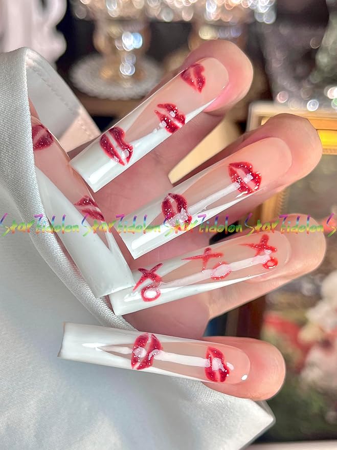 HAND-PAINTED White Press Ons Neon Small Press on Nails Long French Press on Nails Coffin Medium Short Nail art Fake Nail Art Kit with 7g Glue on Nails Handmade Almond Square Nails (Custom, J16)