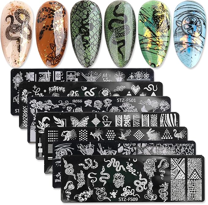 JERCLITY 8pcs Nail Stamping Plates Nail Stamping Kit Rose Fruit Animal Snake Image Plates Nail Art Design Template Print Nail Stamper Kit for Women