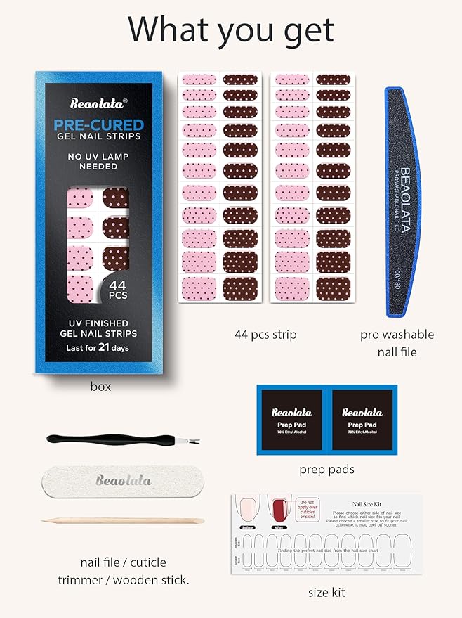 Real Gel Nail Strips (No UV Light Needed) - 44Pcs Salon Quality Nail Stickers - Long Lasting Polish Wraps for Women, Easy Apply & Remove (Pink Cocoa Pop)