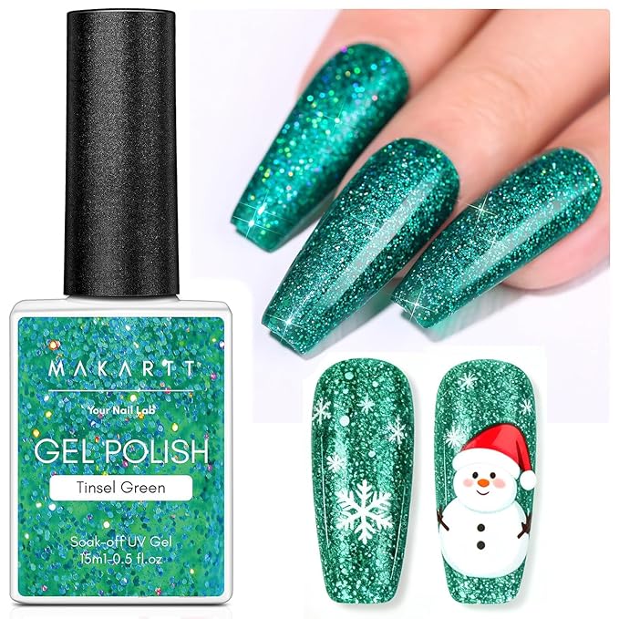 Makartt Christmas Green Glitter Gel Polish - 15ml Sparkly Shimmer Gel, UV Soak Off for Nail Art Design, DIY Home Salon Winter Manicure, Tinsel Green