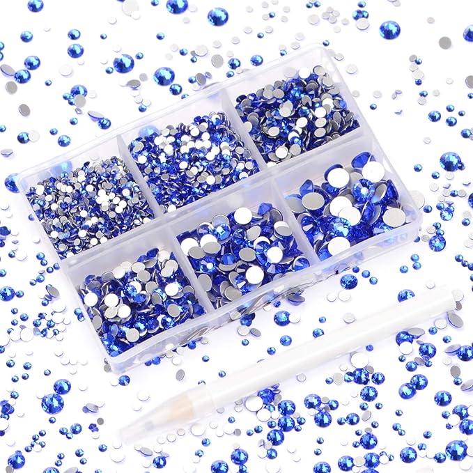 AD Beads 4300 Pieces Flat Back Nail Art Rhinestones Round Beads 6 Sizes (2-6.5mm) with Storage Organizer Box,Rhinestones Picking Pen for Nail Art Phone Decorations Crafts DIY (Royal Blue)